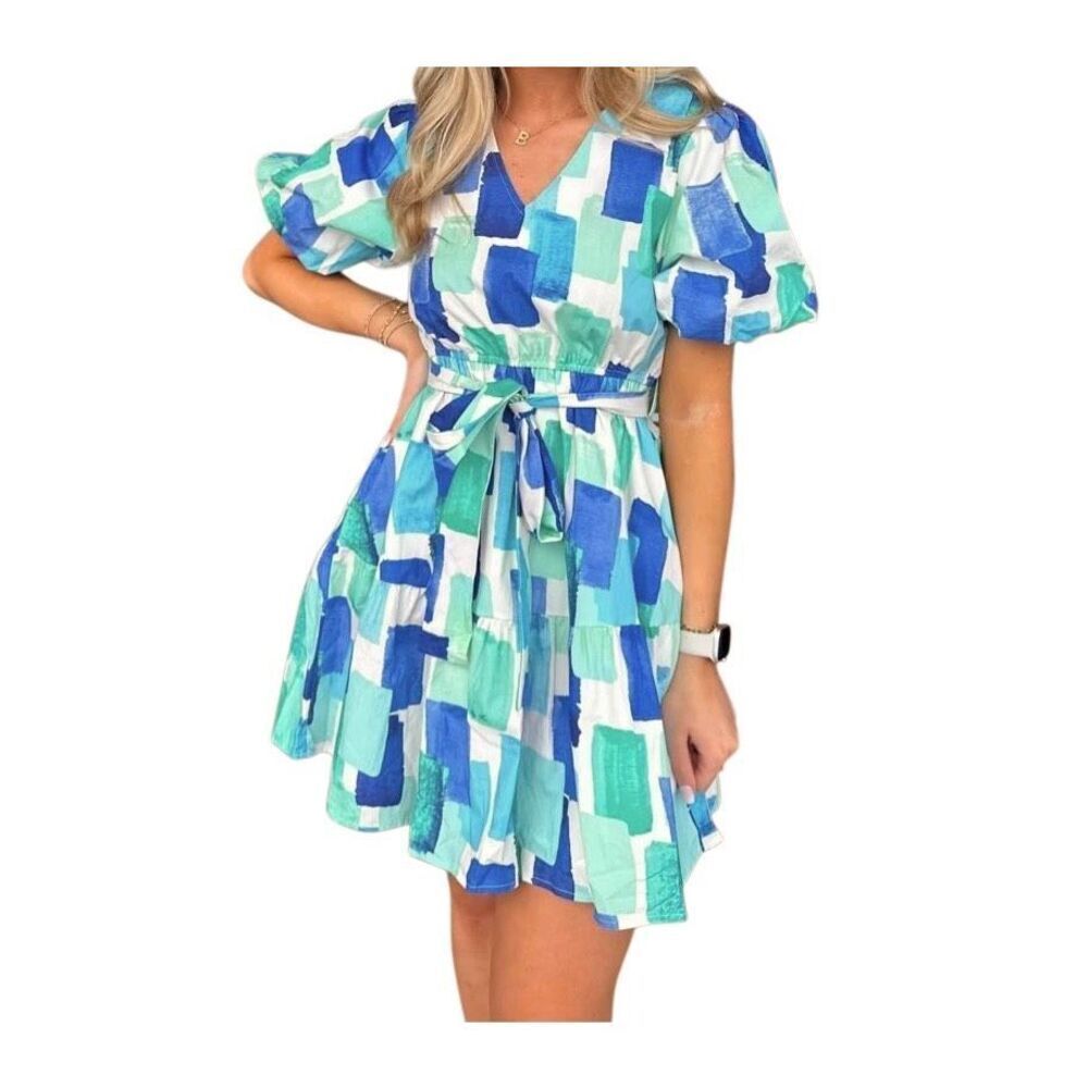 Carole Christian Women’s Multi Puff Sleeve V Neck Dress Sz Small NEW